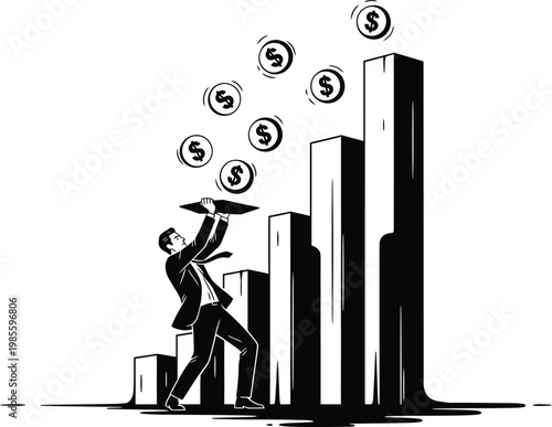 Financial growth illustration man pushing bar graph with falling coins concept
