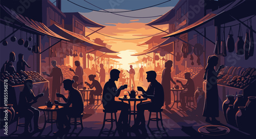 Silhouetted figures gather in a vibrant marketplace at sunset