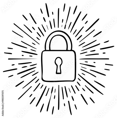 Hand Drawn Padlock with Sunburst Rays symbolizing Security and Protection