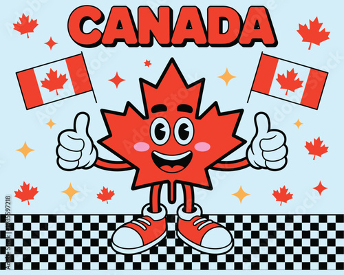 Retro style cartoon maple leaf character celebrating Canada Day with flags and stars.