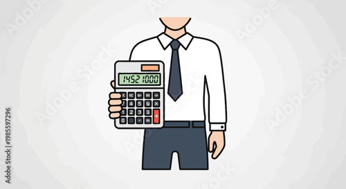 Accountant holding calculator with large numbers in a vector illustration against a white background with concentric circles design
