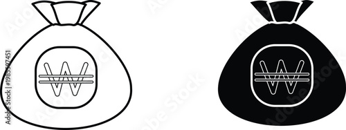 Korean Won currency money bag icon, financial wealth symbol, black and white vector illustration, economy and investment concept