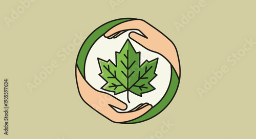 Green maple leaf protected by caring hands in a circular frame; nature conservation eco-friendly design with vibrant colors
