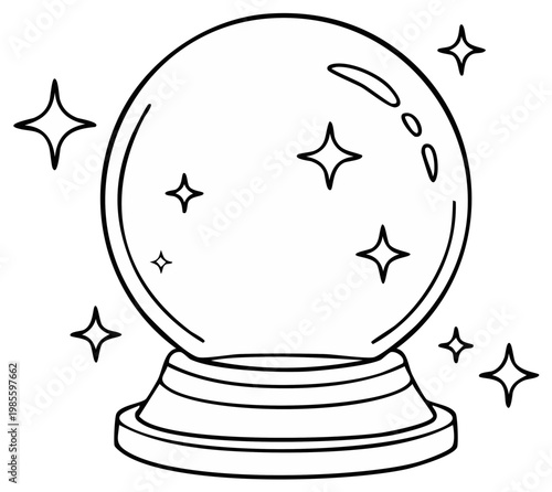 Simple line drawing of a crystal ball with stars swirling around it, isolated on white