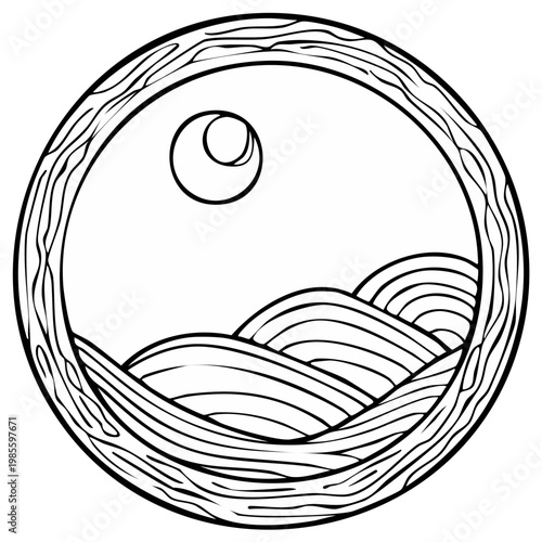 Circular Wood Frame Enclosing Abstract Wavy Landscape and Crescent Moon Art