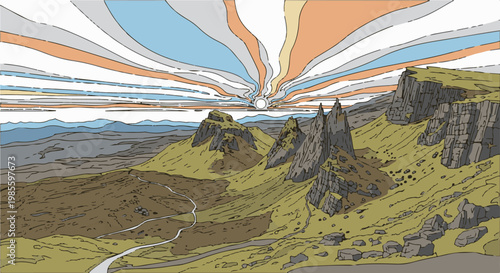 Stylized sunburst over rugged, green, and rocky mountainous terrain