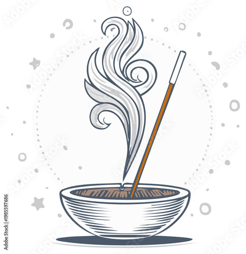 Incense stick burning with swirling smoke in a bowl decorated with stars and dots