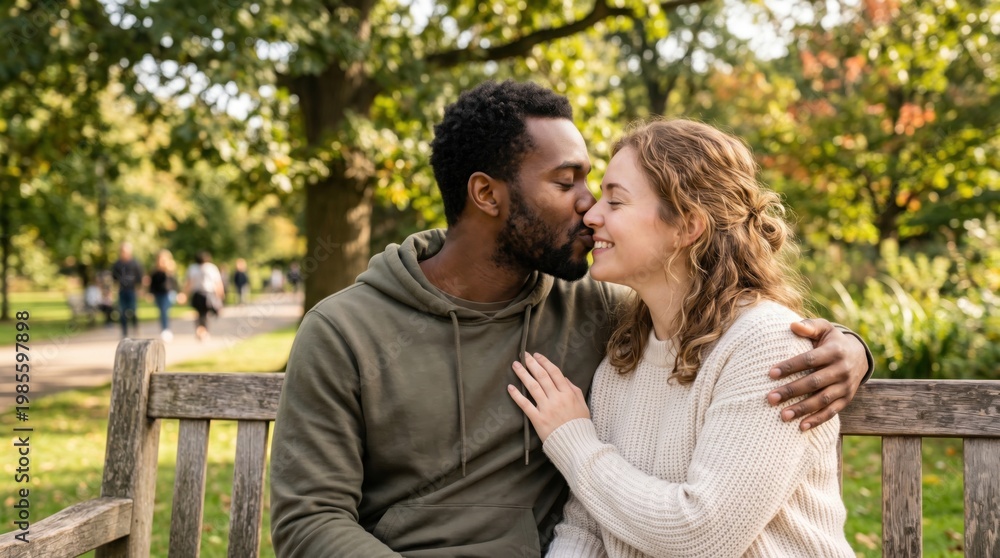 Fototapeta premium Interracial Couple Kissing on Park Bench in Autumn