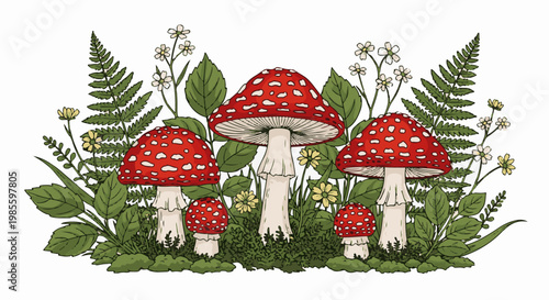 Whimsical woodland scene with red and white spotted mushrooms, ferns, and flowers