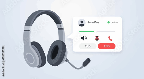 Grey wireless headset paired with online conference call interface showing muted mic and end call options on light backdrop