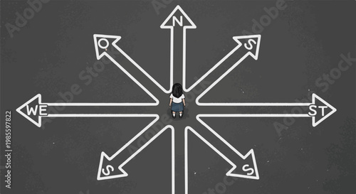 Young girl at a crossroads with directional arrows on a chalkboard