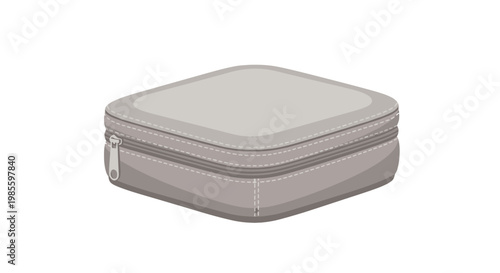 Grey zippered jewelry travel case with stitch detailing in a flat vector style; compact travel size for storing necklaces earrings and rings