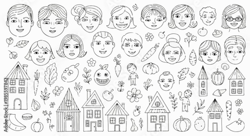 Whimsical line art doodle of cheerful faces, houses, and vegetables