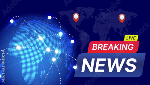 Breaking News Broadcast Template. 3D Red and Blue Live News Badge with Earth Globe and World Map Background, TV Channel Vector Illustration