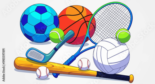 Group of colorful cartoon sport equipment including soccer ball basketball tennis racket and baseball bat illustration
