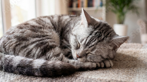 Εκτύπωση καμβά A sleeping gray tabby cat curled up comfortably on a light-colored carpet, enjoying a peaceful rest indoors