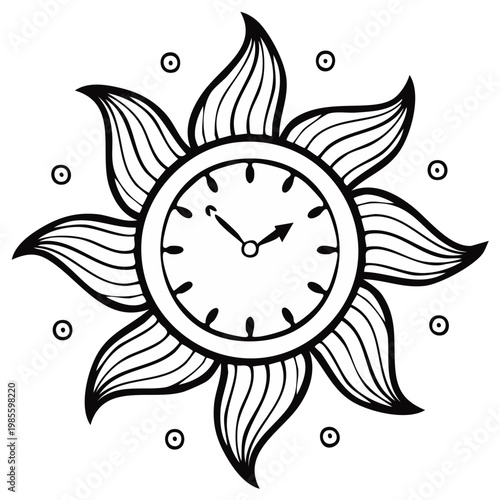 Decorative Sun Clock with Petal Rays and Small Circles