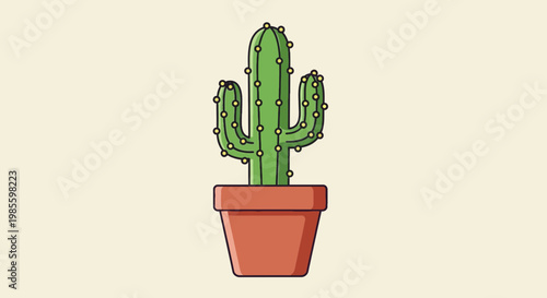 Illustration of a cartoon cactus in a terracotta pot with yellow spiky needles against a light beige background for decoration
