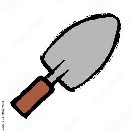 garden trowel hand tool, gardening equipment doodle, hand drawn crayon wax style, planting and farming concept, rough texture drawing, childish art element