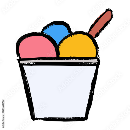 ice cream sundae in cup, hand drawn crayon wax doodle, colorful dessert scoops with spoon, summer treat illustration, rough texture crayon drawing, childish art style