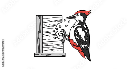 Illustration of a Great Spotted Woodpecker Pecks at Wooden Birdhouse Black Red and White Cartoon Woodpecker Digging into a Feeder