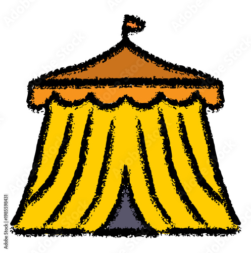 Circus tent big top, hand drawn crayon wax style, carnival festival amusement park doodle element, entertainment and show concept, rough texture carnival icon