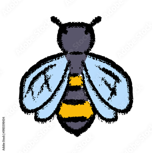 Honey bee insect, hand drawn crayon wax style, honeybee bumblebee doodle element, pollination and teamwork concept, rough texture winged animal nature icon