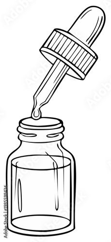Dropper with liquid dropping into glass bottle for science or medicine use