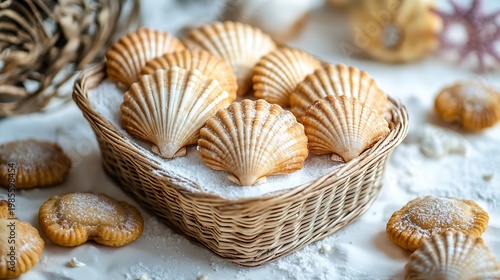 Cookies on basket in the shape of seashells on white sand with ocean waves