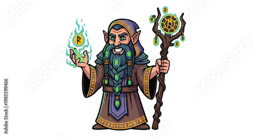 Fantasy wizard character illustration with magical staff and flames