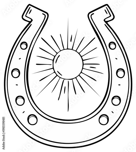 Lucky horseshoe outline graphic shining with radiant light, vintage fortune symbol for luck, success, protection and good omen in retro design.