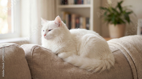 Fotografi An elegant white cat with blue eyes gracefully perched on the back of a comfortable beige sofa in a sunlit home