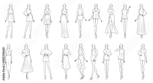 Set of 20 Female Fashion Model Croquis Vector Illustrations