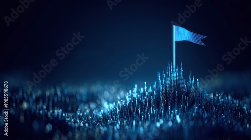 digital flag on mountain peak, glowing blue data visualization of success, abstract technology landscape representing leadership and achievement