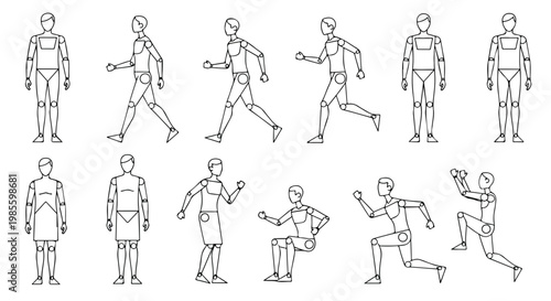 Set of 12 Human Mannequin Poses Vector Outline Illustration