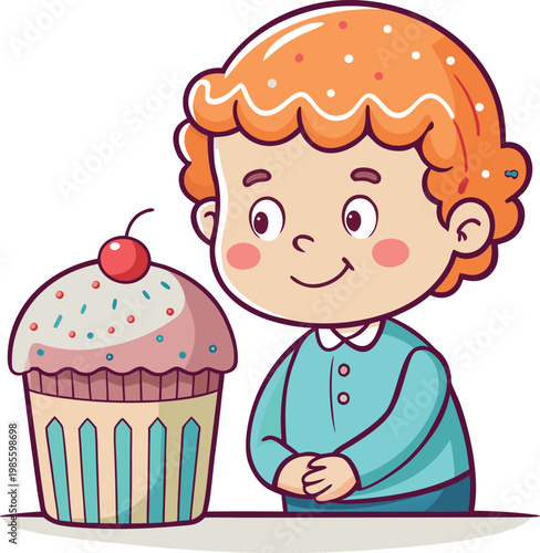 Cute little boy looking at giant delicious cupcake with cherry cartoon vector illustration.