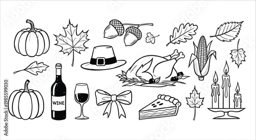 Thanksgiving and Autumn Harvest Line Art Elements Set - Vector Icons for Fall Holidays