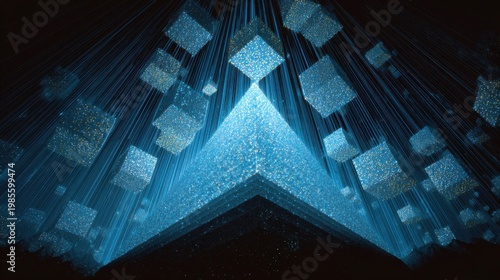 Futuristic glowing blue cubes in digital space, abstract data block visualization, high-tech geometric structure with neon light trails