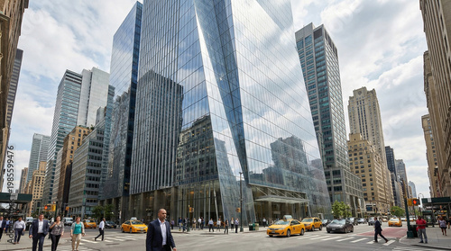 Modern Glass Skyscraper Dominates Bustling City Street with Yellow Taxis and Pedestrians