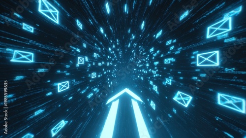 Cybersecurity email data stream, digital glowing envelope icons in motion, high speed internet communication and information transfer concept