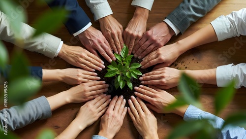 Hands protecting young plant in circle on wooden table. Environmental growth and corporate sustainability. Group of business people nurturing a sprout together as a symbol of teamwork