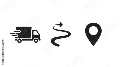 Delivery truck navigation to location pin icon set