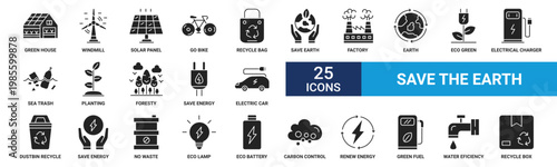 Save the earth icon set. Containing green house, windmill, solar panel, go bike, recycle bag, save earth, factory and more. Glyph vector icons collection.