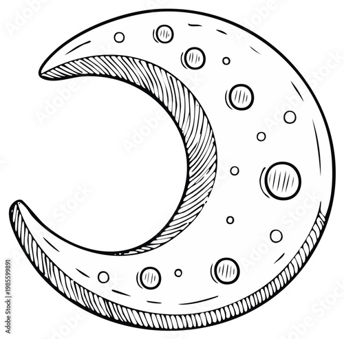 Crescent moon graphic with stylized craters and engraved look