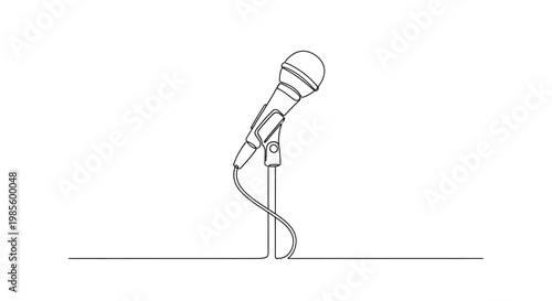 Minimalist Microphone on Stand, Single Line Art, Isolated on White