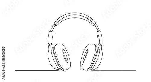 Minimalist continuous line drawing of modern headphones on a white background