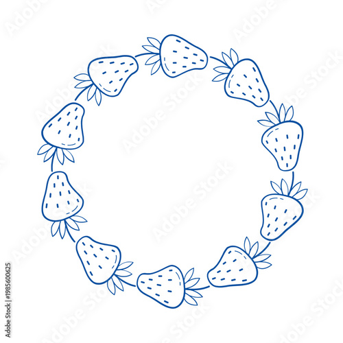 Strawberry frame vector blue line art doodle round berry wreath for summer invitation