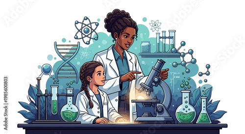 A female scientist and a young girl wearing lab coats are depicted in a vector illustration, examining a microscope in a laboratory setting with vibrant colors and an educational