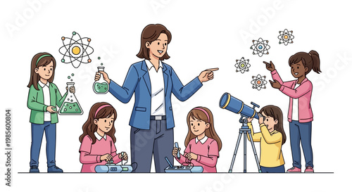 A smiling female teacher guides a group of diverse young students in science activities, including chemistry and astronomy, in a brightly lit studio shot against a clean white background