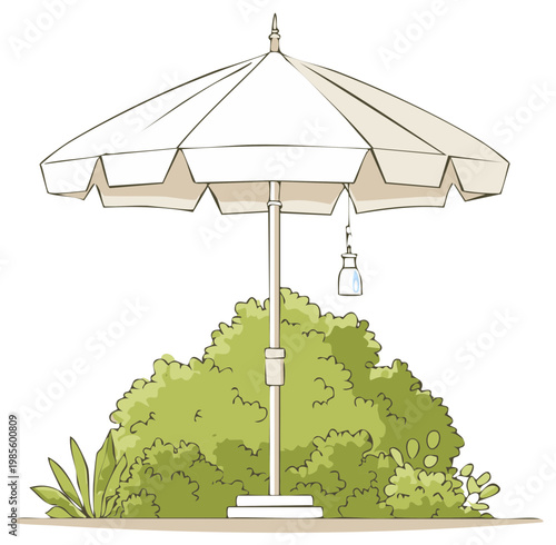 Illustrated garden parasol with a small lantern standing by a lush green shrubbery
